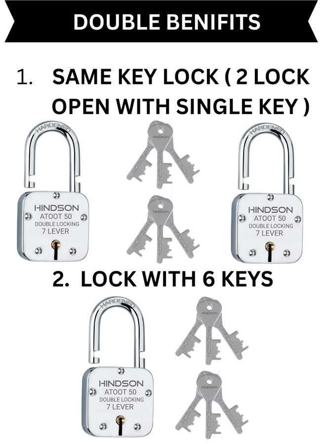 HINDSON Same Key Atoot 50mm Square Padlock, Pack of 2 Locks with 6 Same Keys, Double Locking Padlock with Hardened Shackle & 7 Lever Mechanism for Door, Gate & Shutter (Silver Finish) - Image 3